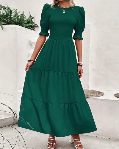 Vista 155 de BTFBM Vestidos para mujer, cuello redondo, casual, de verano, con volantes, manga corta, bohemio, con niveles, fruncido, largo, con estampado floral