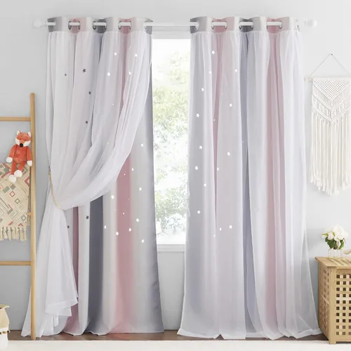 Vista 28 de NICETOWN Cortinas para dormitorio de niñas, cortinas de arco iris, cortinas de estrellas, cortinas de princesa, decoración de habitación