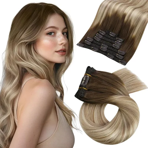 Vista 103 de Moresoo Extensiones de cabello humano con clip, balayage, color marrón oscuro a marrón dorado con clip, extensiones de cabello humano con clip, 5