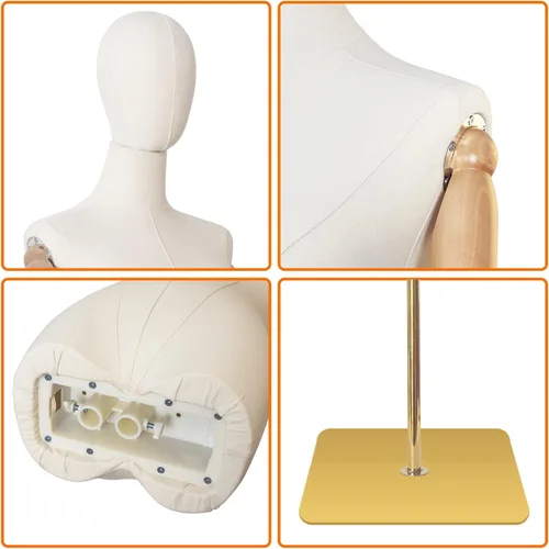 Vista 2 de Maniquí Cuerpo Vestido Femenino Forma Lino Tela Manikin Torso con Cabeza Desmontable Altura Ajustable Soporte de Metal, Dos Manos de Madera