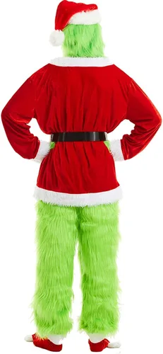 Vista 4 de WPOZD Christmas Deluxe Green Monster Costume - 7PCS Adult Suit Deluxe Adult with Green Monster Mask and Red Christmas Hat
