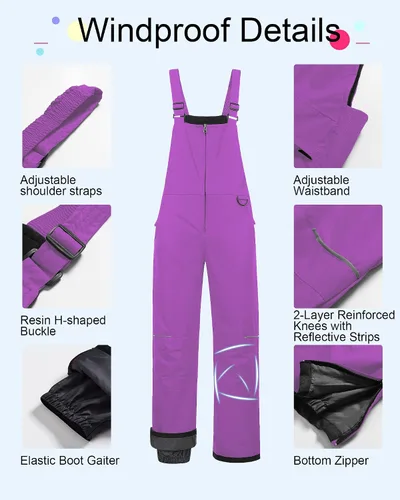 Vista 5 de CREATMO US Baberos de nieve para niñas, pantalones de esquí impermeables con aislamiento para invierno