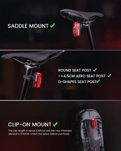 Vista 5 de RAVEMEN TR150/TR250 Bike Tail Light, 280° Visible Bike Rear Light with Brake Detection and Auto On Off Feature, 3 Mounting Options