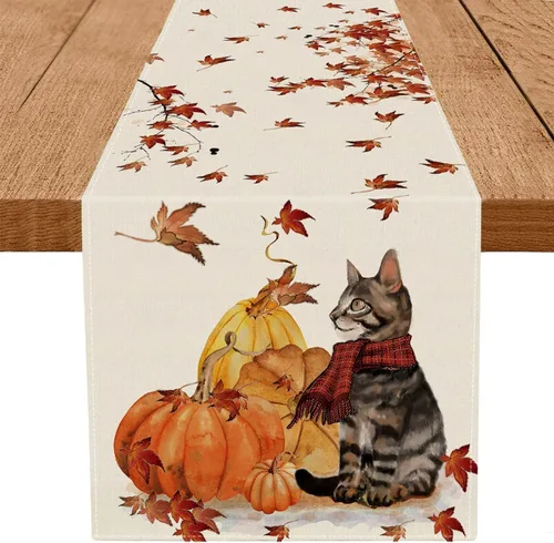 Vista 6 de GAGEC Camino de mesa de otoño, calabazas, gato, hoja de arce, cosecha de otoño, decoración de Acción de Gracias de temporada para el hogar, cocina