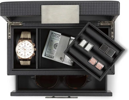 Vista 2 de Glenor Co Valet - Caja de reloj de joyería para hombres organizador moderno de textura de fibra de carbono con parte superior de cristal cajón