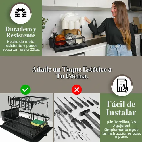 Vista 5 de DINEST Escurridor de platos de 2 niveles con escurridor, escurridor de platos de hierro resistente a la corrosión con boquilla giratoria de 270°