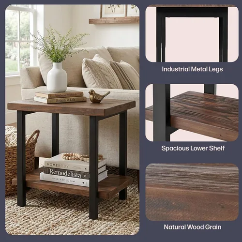 Vista 4 de Alaterre Furniture Pomona - Mesa auxiliar de madera maciza de 2 niveles con acabado natural y patas de metal, decoración moderna de granja