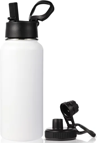 Vista 40 de Neihepal Botella de agua aislada de 32 onzas con 2 tapas (tapa con pajilla y boquilla), botellas de agua de doble pared de acero inoxidable 18/8