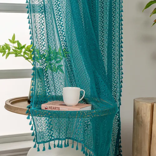 Vista 28 de WAZZIO Cortinas de Encaje, Cortina Boho de Crochet para Dormitorio, Cortinas de Café de Algodón, 45 Pulgadas de Largo, 2 Paneles con Bolsillo