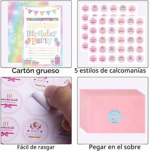 Vista 3 de Idealmuzik Paquete de 30 invitaciones de fiesta de cumpleaños para niñas con sobres y calcomanías, lindas tarjetas de invitaciones de fiesta
