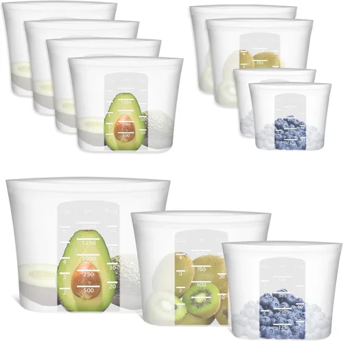 Vista 29 de Bolsas de Alimentos Reutilizables, Paquete de 12 Bolsas de Almacenamiento de Alimentos 100% Silicona que se Mantienen de Pie con Cierre Hermético