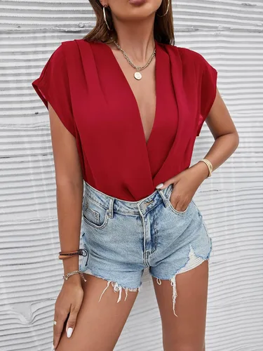 Vista 4 de SheIn Body cruzado con cuello en V profundo para mujer, manga casquillo, leotardo liso