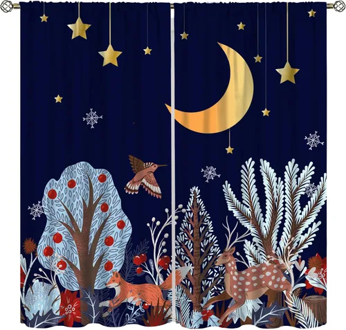 Vista 36 de YCness Cortinas para niños y niñas, diseño de animales de la selva, bosque de otoño, dibujos animados, ciervos, conejos, zorros, búhos, cortinas