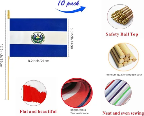 Vista 2 de Paquete de 10 banderas de El Salvador – Bandera de mano – 5 x 8 pulgadas, Mini bandera de El Salvador. Adecuado para decoraciones de fiestas