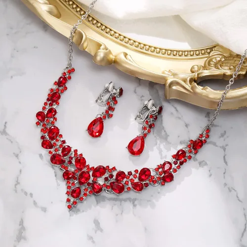 Vista 4 de BriLove Alloy Crystal Teardrop Cluster Statement Necklace Clip-on Earrings Set
