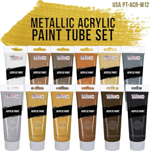 Vista 2 de U.S. Art Supply Juego de pintura acrílica metálica profesional, 12 colores metálicos ricos, tubos de 2.4 onzas líquidas, pintura artesanal