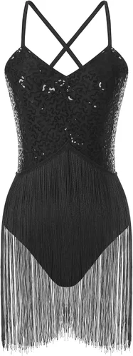 Vista 5 de Xnihocha Body de mujer con tirantes delgados y lentejuelas brillantes y flecos, para bailarín latino de jazz, ballet, bailarina latina