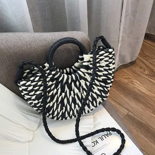 Vista 3 de QTKJ Bolso de mano de paja retro de verano para mujer tejido a mano bolso de hombro bohemio bolso cruzado con asa redonda negro Colorido negro 118x