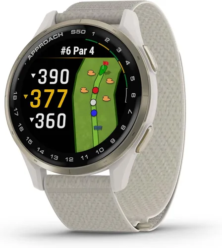 Vista 11 de Garmin Approach® S44, reloj inteligente GPS esencial para golf, pantalla AMOLED, funciones en el campo, bisel de aluminio plateado con banda