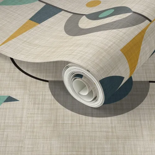 Vista 2 de Muestras de papel tapiz para despegar y pegar, diseño de pájaros de mediados de siglo, círculos abstractos modernos de los años 50, papel tapiz