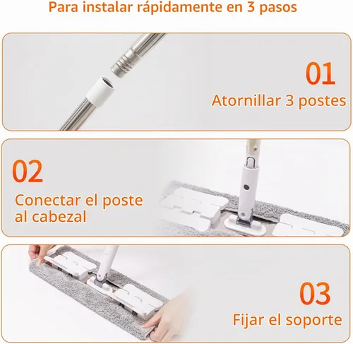 Vista 4 de Trapeador húmedo de microfibra de 360° para limpieza de suelos; 4 almohadillas de microfibra reutilizables resistentes; altura ajustable