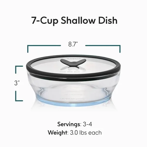 Vista 2 de Anyday Envase de almacenamiento de alimentos de vidrio de 7 tazas con tapa de vidrio, plato poco profundo redondo Preparación de comida sin