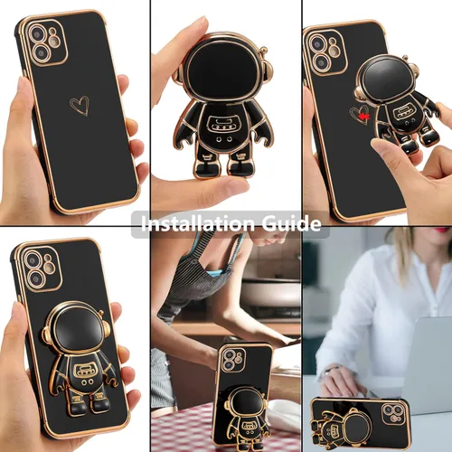 Vista 6 de RALEAVO Funda para iPhone 11, linda funda de astronauta 6D con función de soporte, funda con enchapado de lujo, ajuste delgado, TPU suave, protector