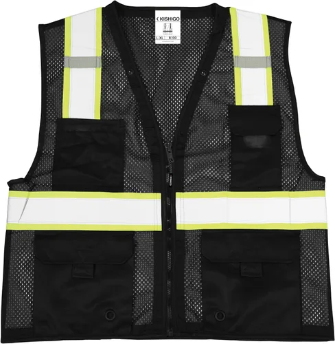 Vista 4 de Kishigo Black Enhanced Visibility Men's Vest B100, Multi Pocket Mesh Hi-Vis Vest, Ultra-Cool Polyester, 6 Pockets, Zipper