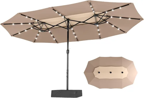 Vista 21 de PHI VILLA Sombrilla de patio grande de 15 pies con base y luces solares, paraguas rectangular de doble cara para exteriores con 36 luces LED, Beige