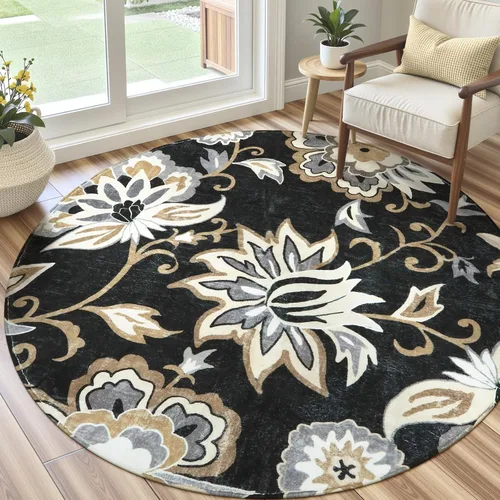 Vista 7 de Lahome - Tapete floral con estampado de cachemira, lavable, antideslizante, pequeño, anti-manchas, suave, para baño, entrada, dormitorio, Negro