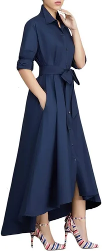 Vista 17 de VERWIN Vestido largo de manga larga para mujer, holgado, elegante, con botones, con bolsillos y cinturones