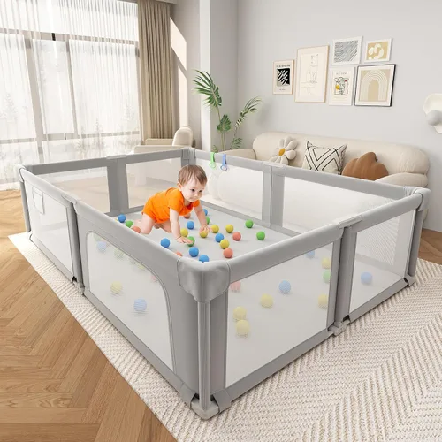 Vista 8 de Corralito plegable para bebés y niños pequeños, corralito portátil de 51 pulgadas con alfombrilla y pelotas oceánicas, patio de juegos con malla