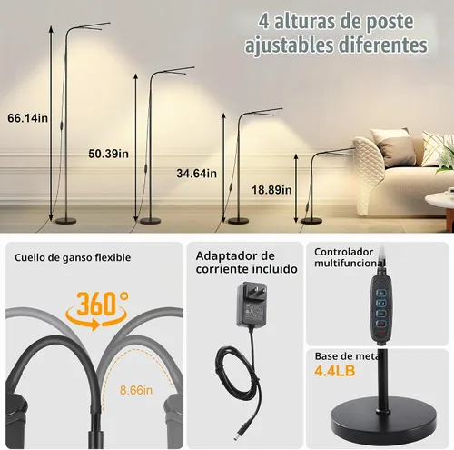 Vista 5 de Lámpara de pie LED, lámparas de pie brillantes de 18W para sala de estar, 3 modos de color 10 niveles de brillo, cuello de cisne flexible ajustable