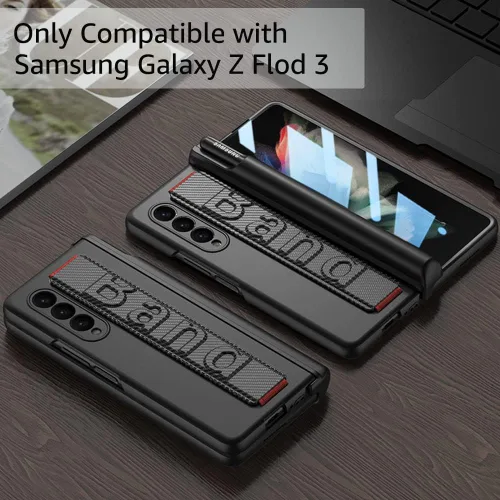 Vista 4 de Funda para Samsung Galaxy Z Fold 3 con correa para la muñeca, protector de pantalla y ranura para S Pen, bisagra magnética protectora ultradelgada a