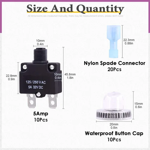 Vista 2 de Swpeet Disyuntor térmico de 30 piezas de 5 amperios con terminales de conexión rápida y tapas de botón impermeables, kit surtido, interruptor