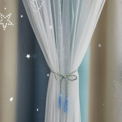 Vista 6 de FANLI 2 paneles de cortinas opacas con diseño de estrellas y arco iris para niños, niñas, dormitorio, sala de estar, oscurecimiento de luna, doble