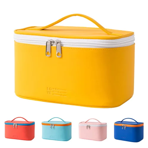 Vista 16 de Bolsa de maquillaje pequeña para mujeres, con cremallera, organizador, impermeable, bonita (azul claro)