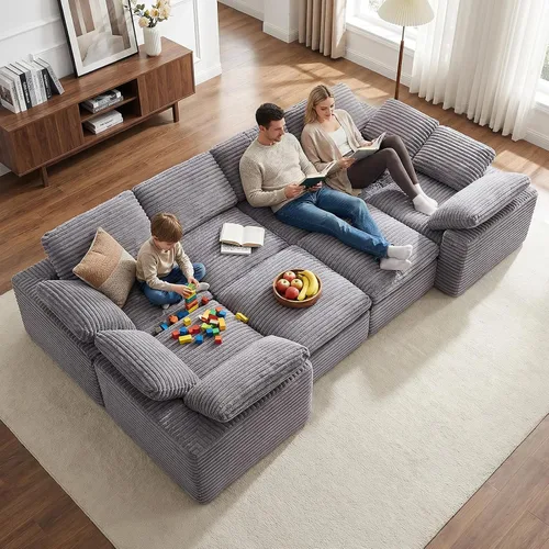 Vista 13 de KKL Sofá modular de 150 pulgadas, sofá modular en forma de U con otomana, sofá de pana sin hueso para sala de estar y dormitorio, sofá modular Negro