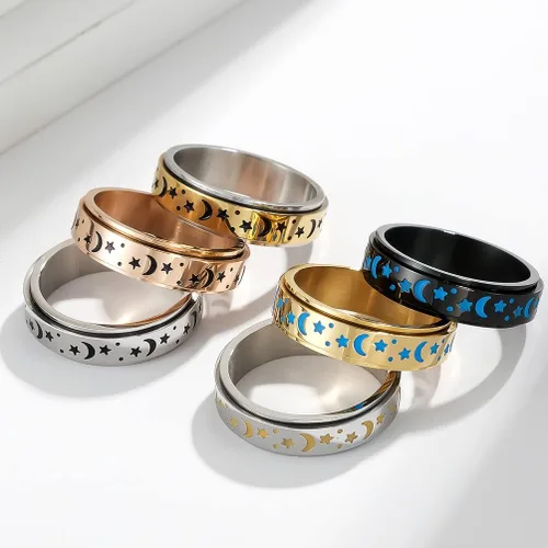 Vista 6 de ANIEJUFI Anillo giratorio de acero inoxidable luminoso resplandor luna y estrella, alivio del estrés, anillos de ansiedad para mujeres, hombres