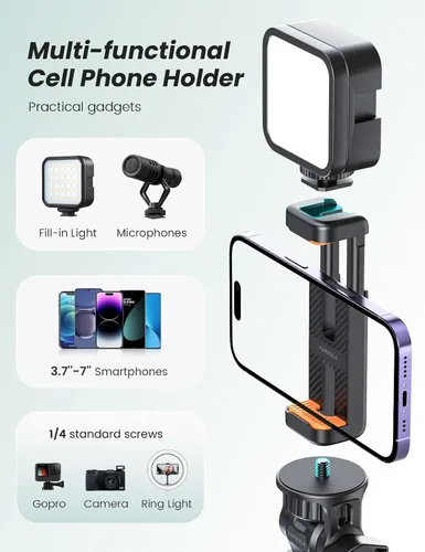 Vista 6 de Trípode extensible de aluminio para teléfono, soporte portátil para grabación de video, trípode de viaje para iPhone/teléfono celular/cámara de luz