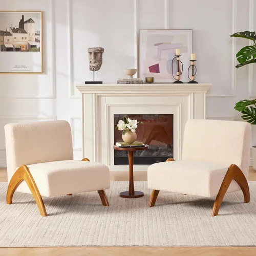 Vista 9 de Silla decorativa de gran tamaño, tapizada sin brazos de mediados de siglo, moderna silla de sala de estar con patas de madera para dormitorio Beige