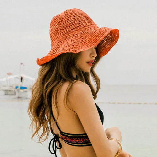 Vista 3 de Sombrero de paja para mujer, plegable, plegable, de ala ancha, para verano, playa, sombrero de ganchillo