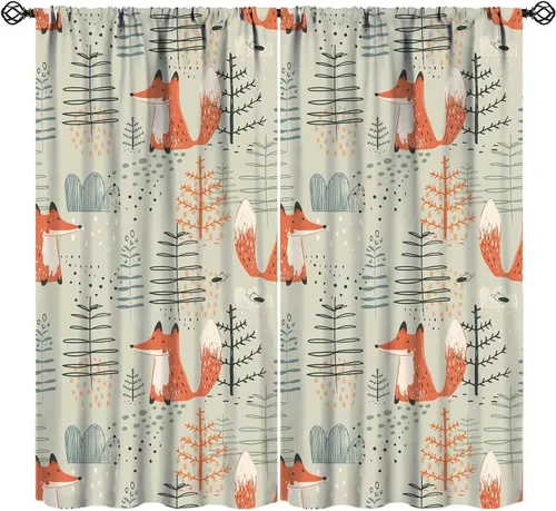 Vista 10 de Cortinas opacas de dibujos animados de animales de bosque naranja, zorro, flores, luna, hojas azules, arte abstracto, niños y niñas, decoración