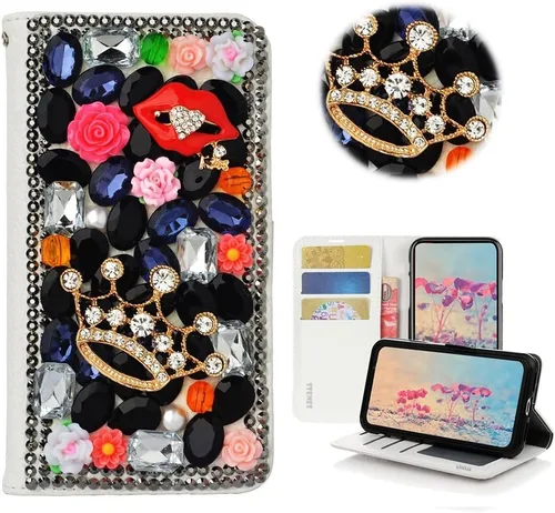 Vista 9 de Bling Wallet - Funda de piel compatible con iPhone 11, elegante, hecha a mano en 3D, diseño de mariposa, rosas, flores y diamantes de imitación
