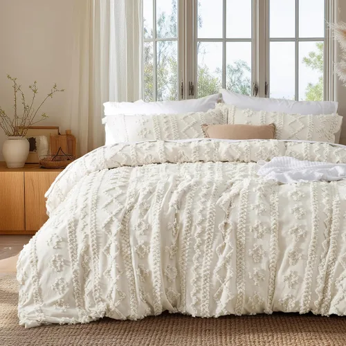 Vista 12 de Bedsure Funda de edredón bohemia tamaño matrimonial, bordado copetudo, 3 04 - Blanco - Elegante (sin edredón)