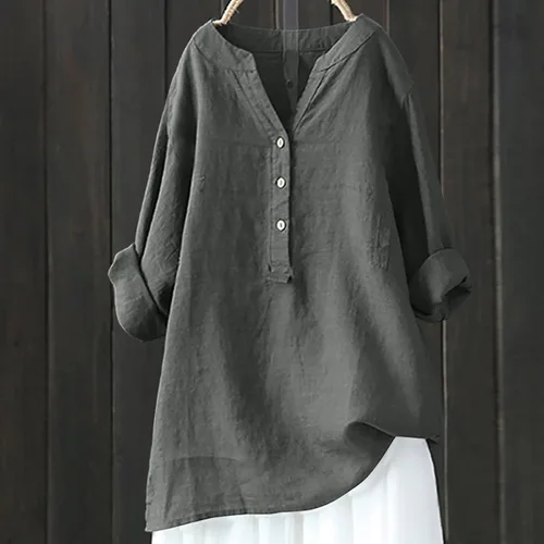 Vista 2 de Ceboyel Camisas de algodón y lino para mujer, blusa de verano con botones, manga enrollable, túnica de moda bohemia para mujer 2023