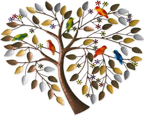Vista 6 de Xnchhou Escultura de pared hecha a mano, ramas de pájaros, flores en forma de corazón, árbol genealógico, pared, arte de metal, árbol de la vida