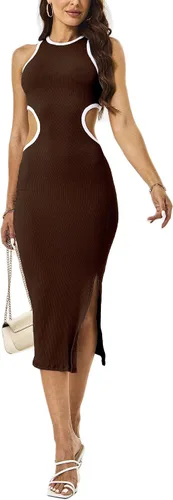 Vista 2 de Vestido ajustado sexy para mujer, cintura recortada, espalda abierta, longitud hasta el tobillo, acanalado, fiesta, club, mini vestidos midi