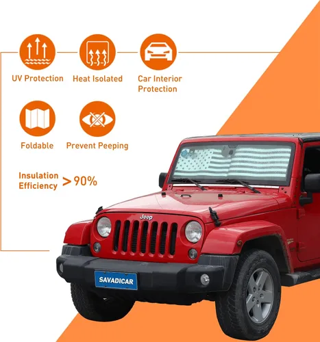 Vista 7 de Savadicar Parasol para parabrisas con bandera de Estados Unidos para Jeep Wrangler TJ JK JKU 1997-2018, protector térmico, estructura laminada