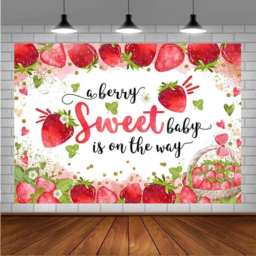 Vista 5 de Fondo de pantalla rosa de fresa para baby shower, fruta fresca y puntos dorados, papel tapiz fotográfico para niña, baby shower, decoración